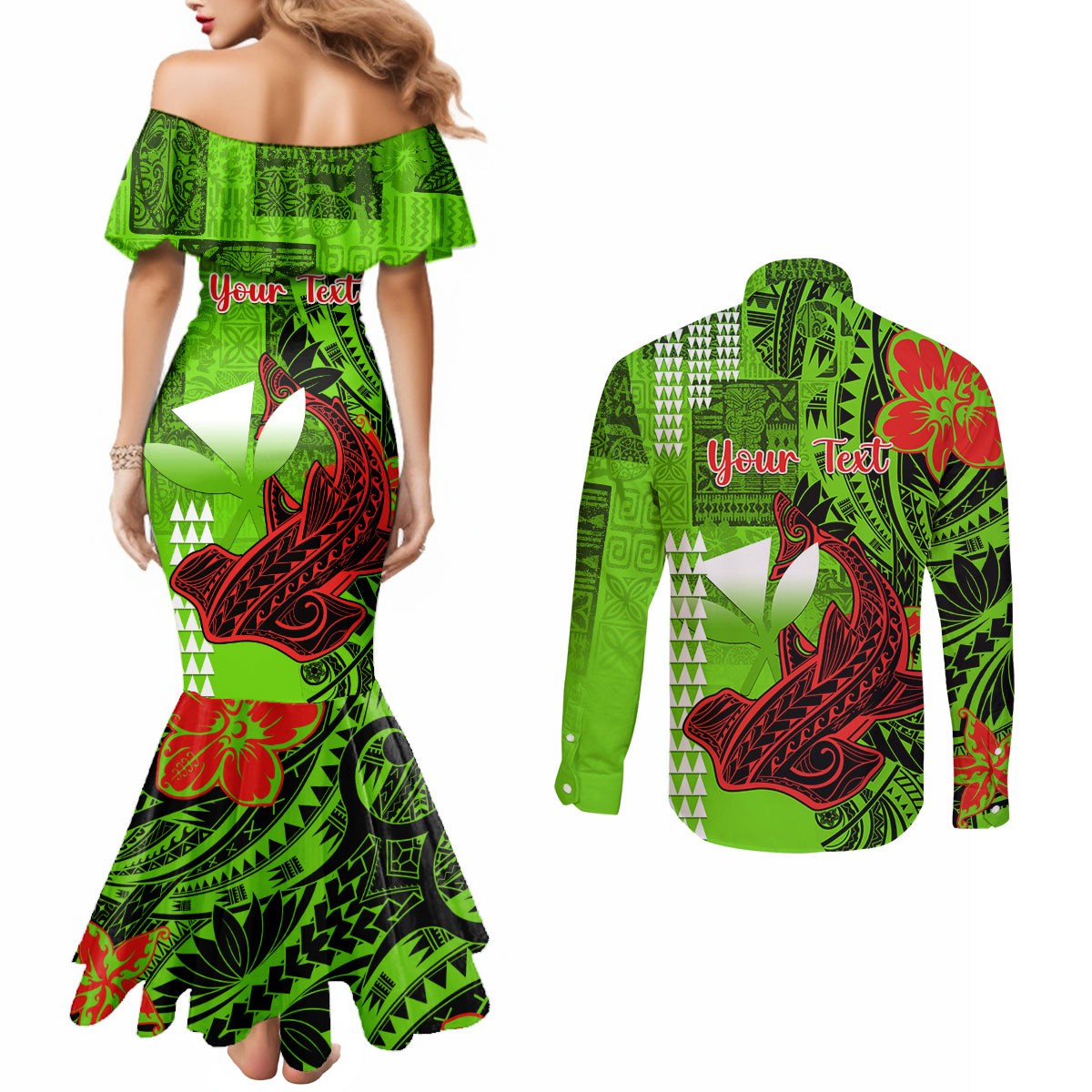 Personalised Hawaii Christmas Couples Matching Mermaid Dress and Long Sleeve Button Shirts Mele Kalikimaka Kakau Polynesian Shark Tattoo LT14 - Polynesian Pride