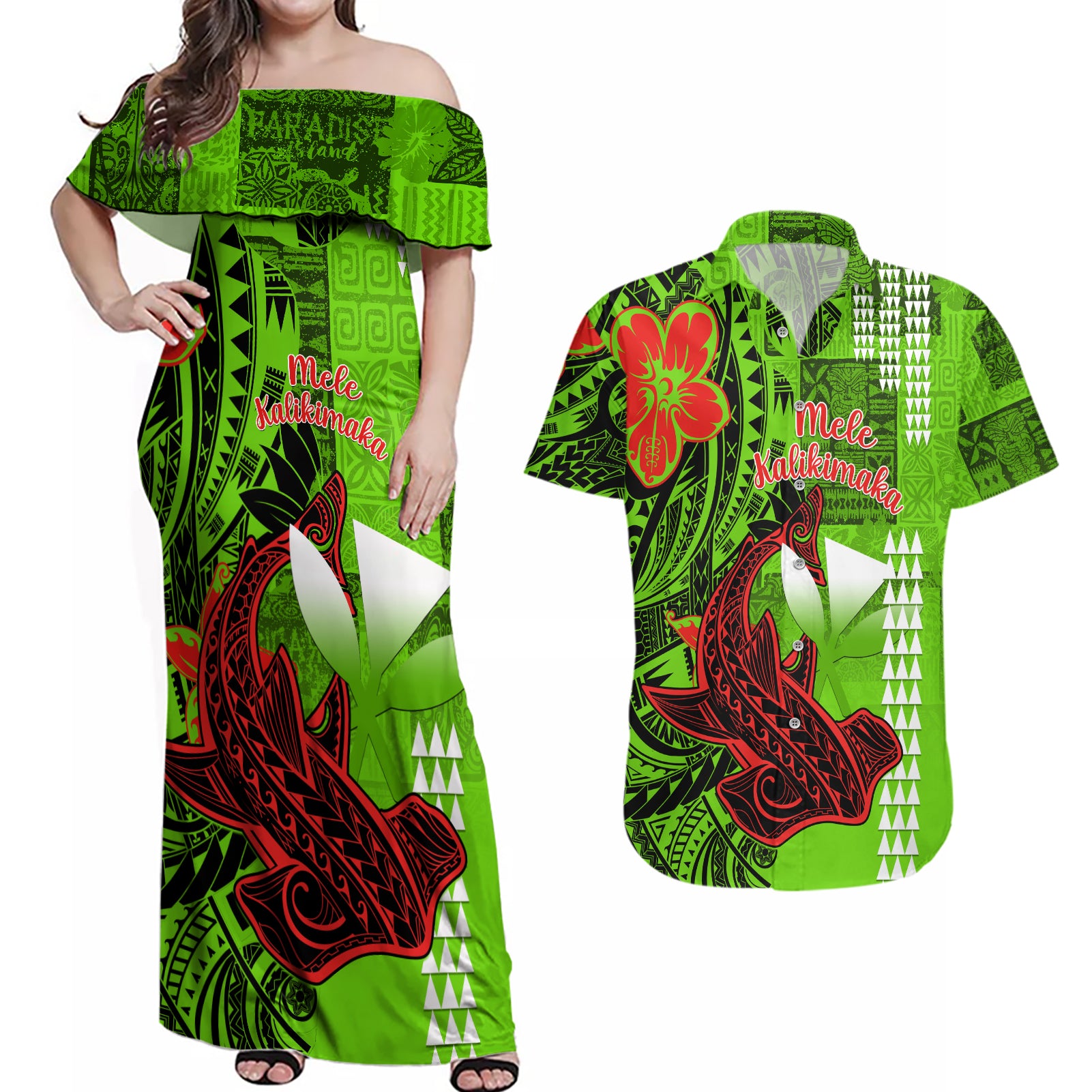 Personalised Hawaii Christmas Couples Matching Off Shoulder Maxi Dress and Hawaiian Shirt Mele Kalikimaka Kakau Polynesian Shark Tattoo LT14 Green - Polynesian Pride