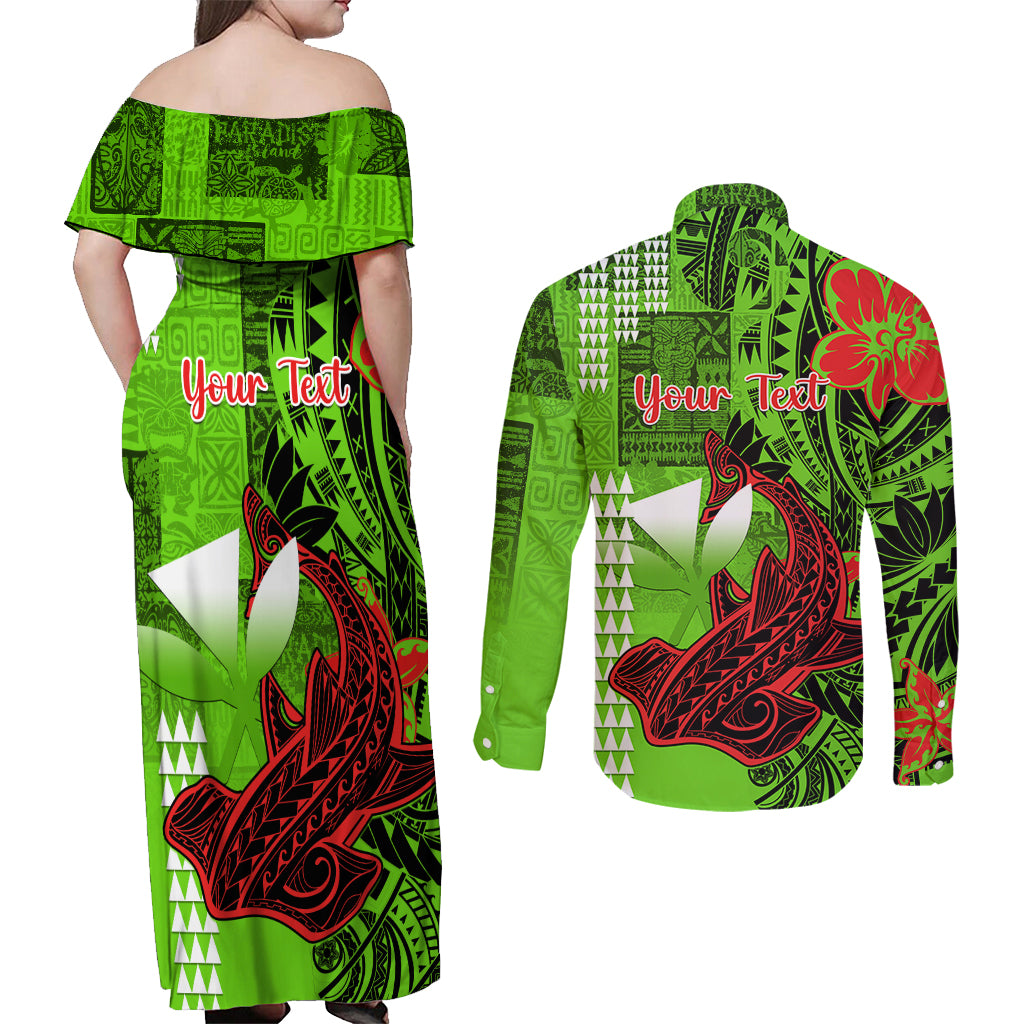 Personalised Hawaii Christmas Couples Matching Off Shoulder Maxi Dress and Long Sleeve Button Shirts Mele Kalikimaka Kakau Polynesian Shark Tattoo LT14 - Polynesian Pride