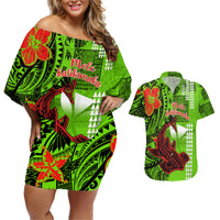 Personalised Hawaii Christmas Couples Matching Off Shoulder Short Dress and Hawaiian Shirt Mele Kalikimaka Kakau Polynesian Shark Tattoo LT14 Green - Polynesian Pride