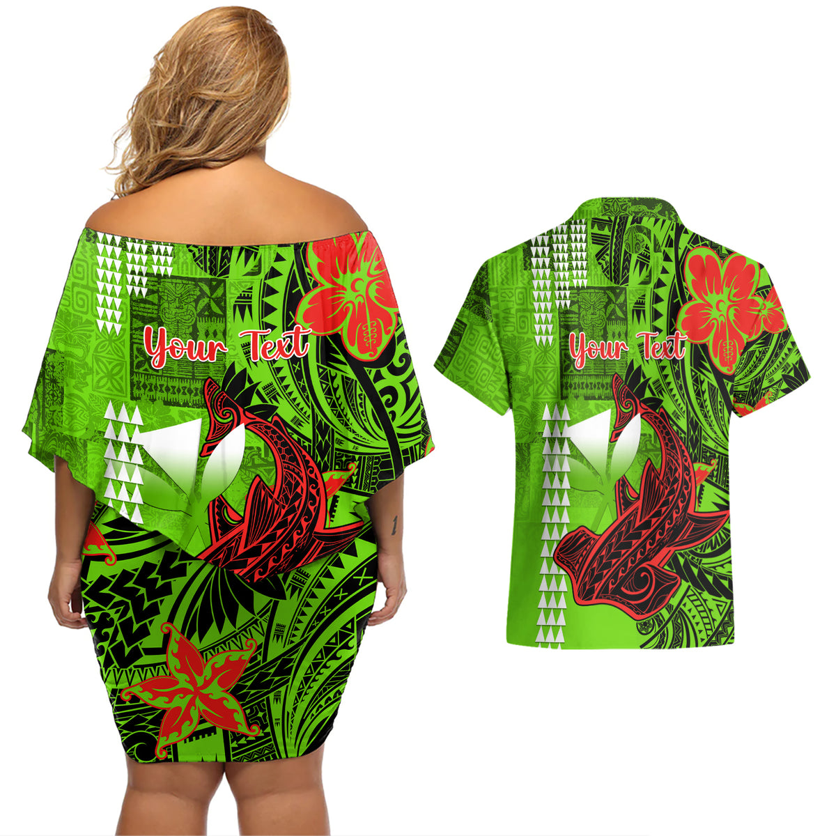 Personalised Hawaii Christmas Couples Matching Off Shoulder Short Dress and Hawaiian Shirt Mele Kalikimaka Kakau Polynesian Shark Tattoo LT14 - Polynesian Pride