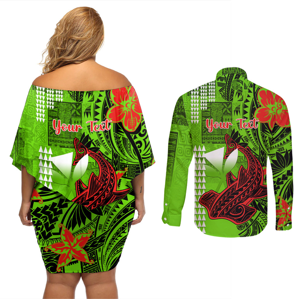 Personalised Hawaii Christmas Couples Matching Off Shoulder Short Dress and Long Sleeve Button Shirts Mele Kalikimaka Kakau Polynesian Shark Tattoo LT14 - Polynesian Pride