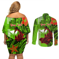 Personalised Hawaii Christmas Couples Matching Off Shoulder Short Dress and Long Sleeve Button Shirts Mele Kalikimaka Kakau Polynesian Shark Tattoo LT14 - Polynesian Pride