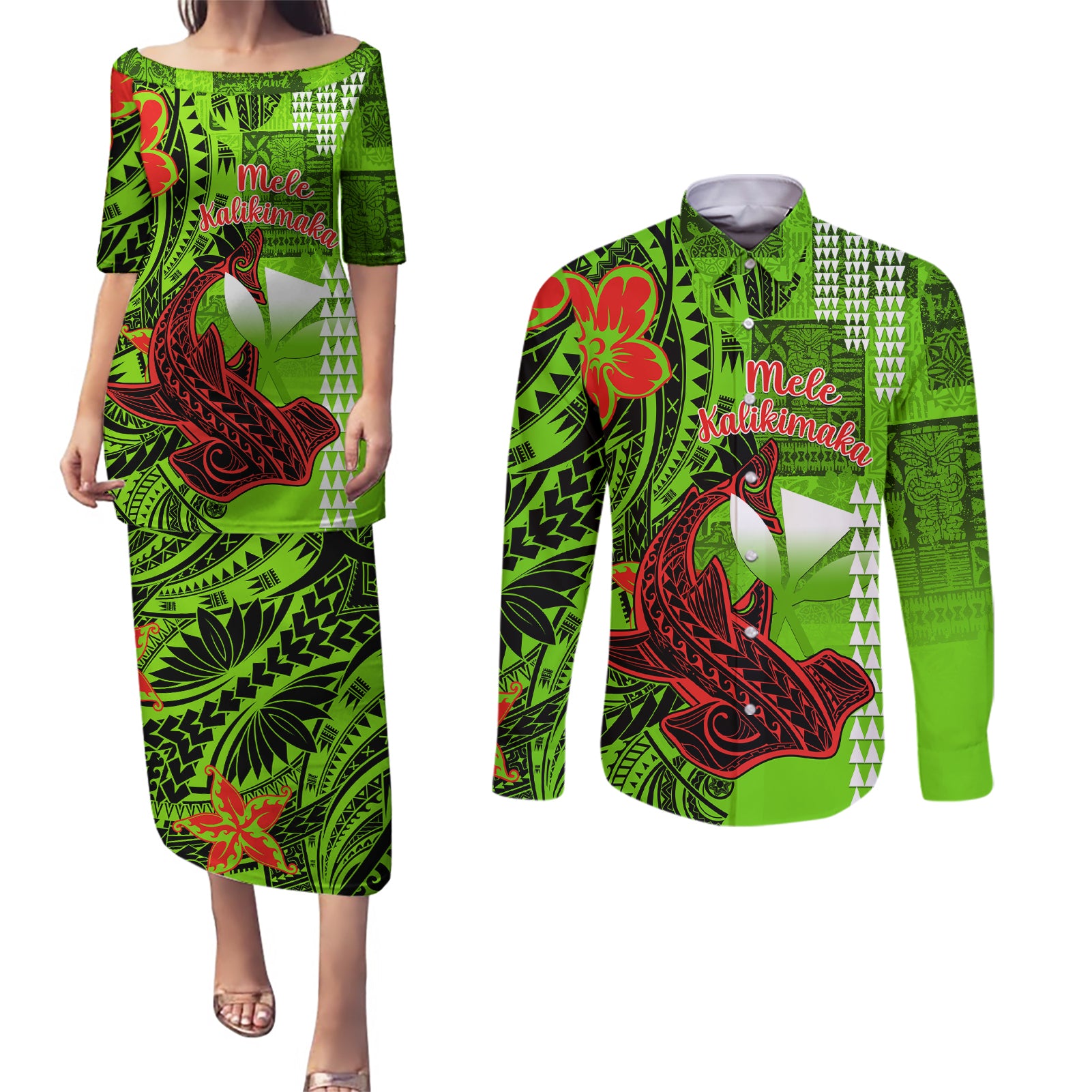 Personalised Hawaii Christmas Couples Matching Puletasi Dress and Long Sleeve Button Shirts Mele Kalikimaka Kakau Polynesian Shark Tattoo LT14 Green - Polynesian Pride