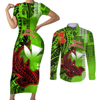 Personalised Hawaii Christmas Couples Matching Short Sleeve Bodycon Dress and Long Sleeve Button Shirts Mele Kalikimaka Kakau Polynesian Shark Tattoo LT14 Green - Polynesian Pride