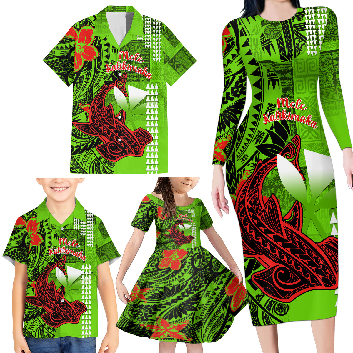 Personalised Hawaii Christmas Family Matching Long Sleeve Bodycon Dress and Hawaiian Shirt Mele Kalikimaka Kakau Polynesian Shark Tattoo LT14 - Polynesian Pride