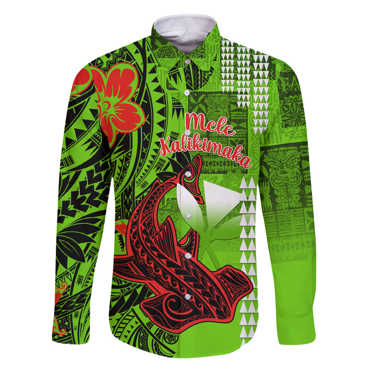 Personalised Hawaii Christmas Family Matching Summer Maxi Dress and Hawaiian Shirt Mele Kalikimaka Kakau Polynesian Shark Tattoo LT14 Dad's Shirt - Long Sleeve Green - Polynesian Pride