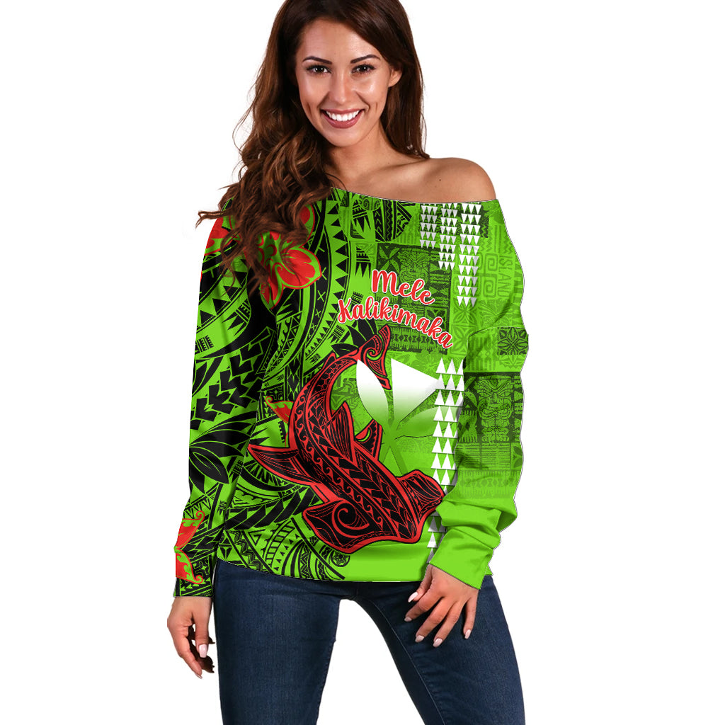 Personalised Hawaii Christmas Off Shoulder Sweater Mele Kalikimaka Kakau Polynesian Shark Tattoo LT14 Women Green - Polynesian Pride