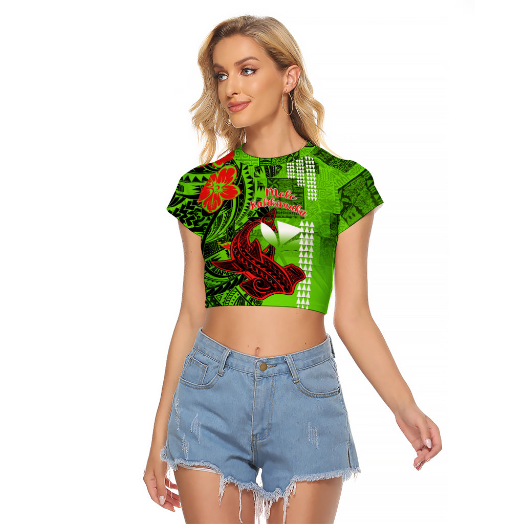 Personalised Hawaii Christmas Raglan Cropped T Shirt Mele Kalikimaka Kakau Polynesian Shark Tattoo LT14 Female Green - Polynesian Pride