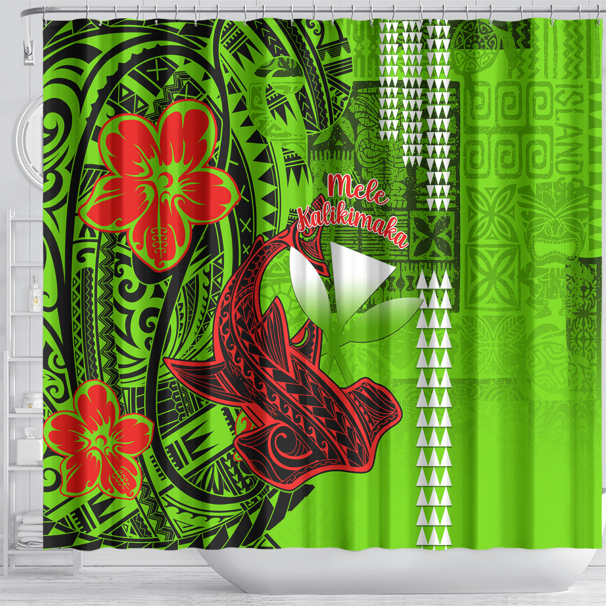 Personalised Hawaii Christmas Shower Curtain Mele Kalikimaka Kakau Polynesian Shark Tattoo LT14 - Polynesian Pride