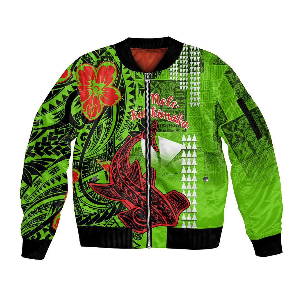 Personalised Hawaii Christmas Sleeve Zip Bomber Jacket Mele Kalikimaka Kakau Polynesian Shark Tattoo LT14 Unisex Green - Polynesian Pride