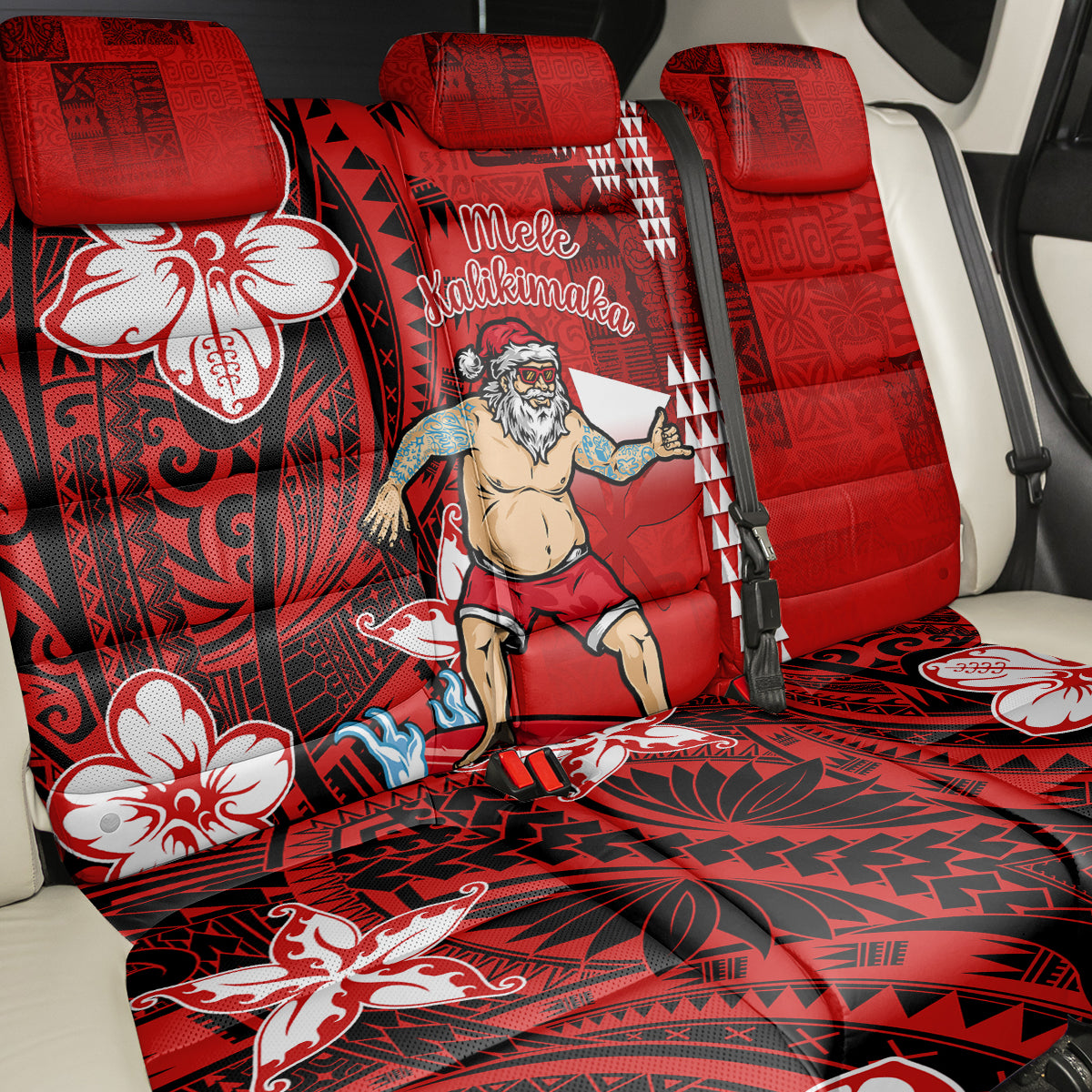 Personalised Hawaii Christmas Back Car Seat Cover Mele Kalikimaka Surfing Santa Claus