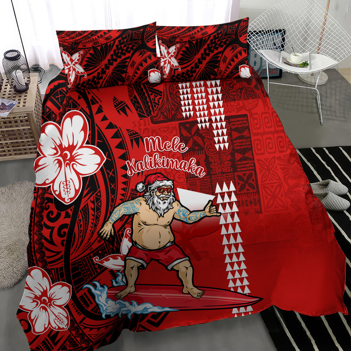 Personalised Hawaii Christmas Bedding Set Mele Kalikimaka Surfing Santa Claus LT14 - Polynesian Pride