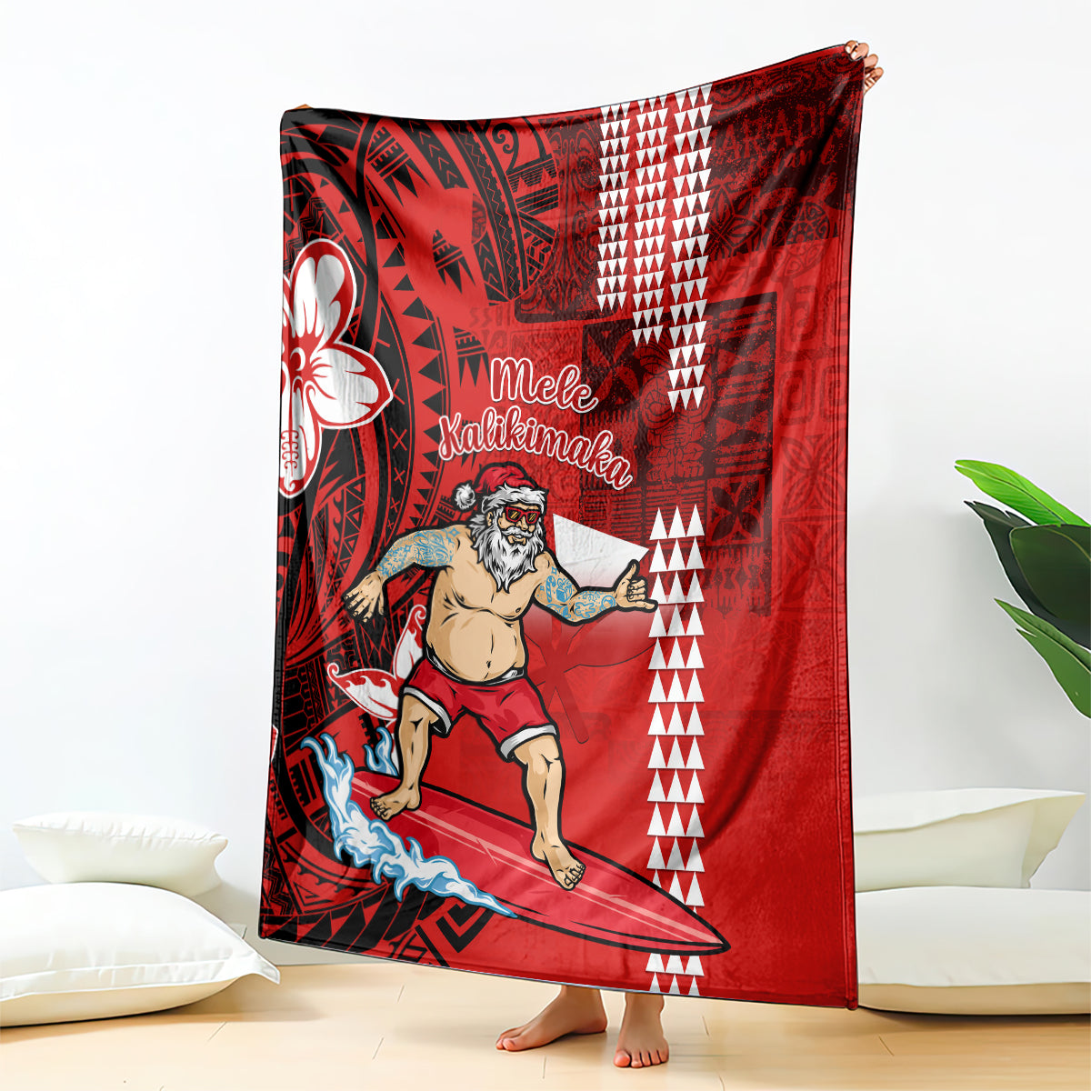 Personalised Hawaii Christmas Blanket Mele Kalikimaka Surfing Santa Claus LT14 Red - Polynesian Pride