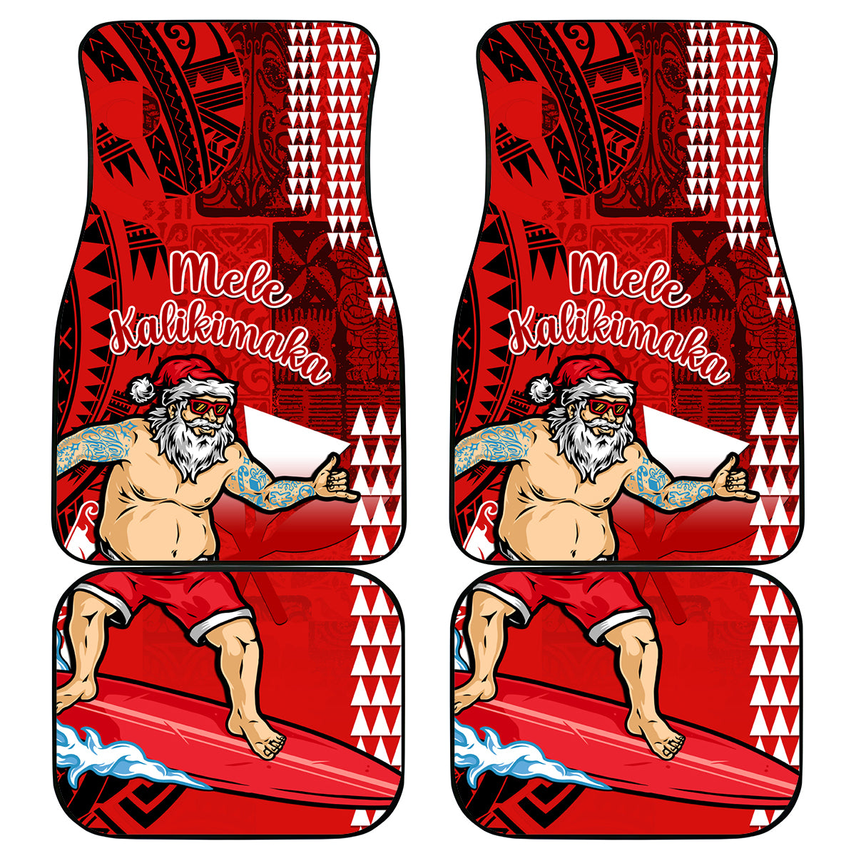 Personalised Hawaii Christmas Car Mats Mele Kalikimaka Surfing Santa Claus LT14 Red - Polynesian Pride