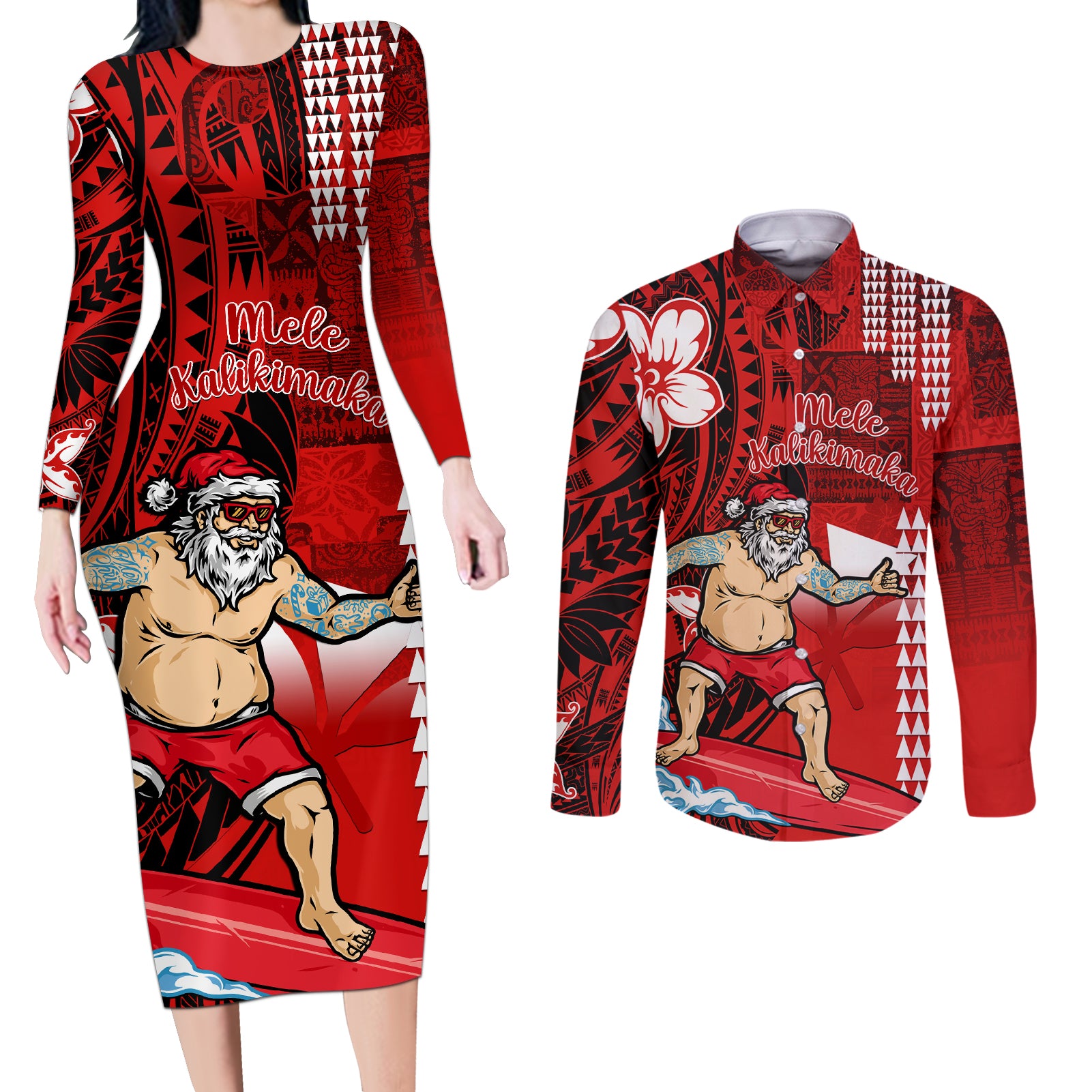 Personalised Hawaii Christmas Couples Matching Long Sleeve Bodycon Dress and Long Sleeve Button Shirts Mele Kalikimaka Surfing Santa Claus LT14 Red - Polynesian Pride