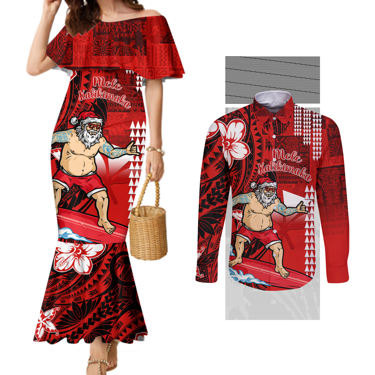Personalised Hawaii Christmas Couples Matching Mermaid Dress and Long Sleeve Button Shirts Mele Kalikimaka Surfing Santa Claus LT14 Red - Polynesian Pride