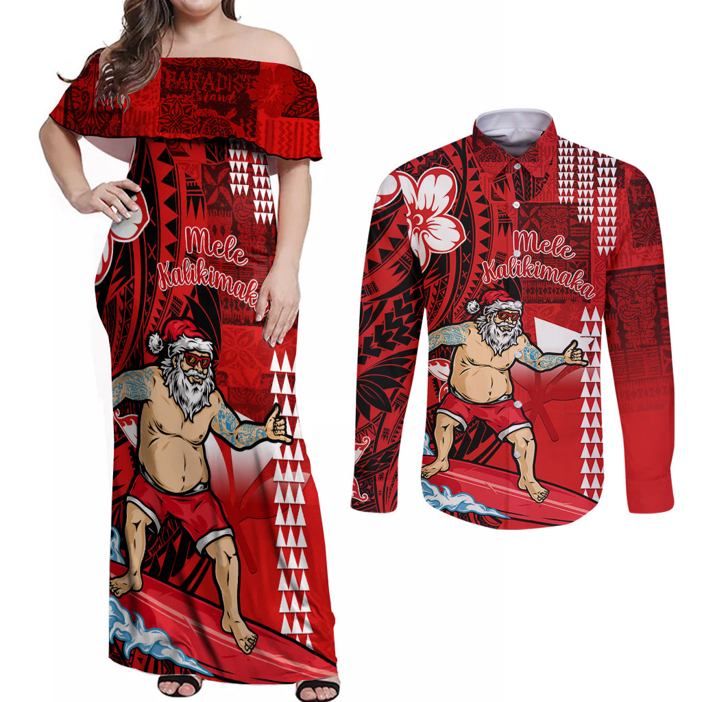 Personalised Hawaii Christmas Couples Matching Off Shoulder Maxi Dress and Long Sleeve Button Shirts Mele Kalikimaka Surfing Santa Claus LT14 Red - Polynesian Pride