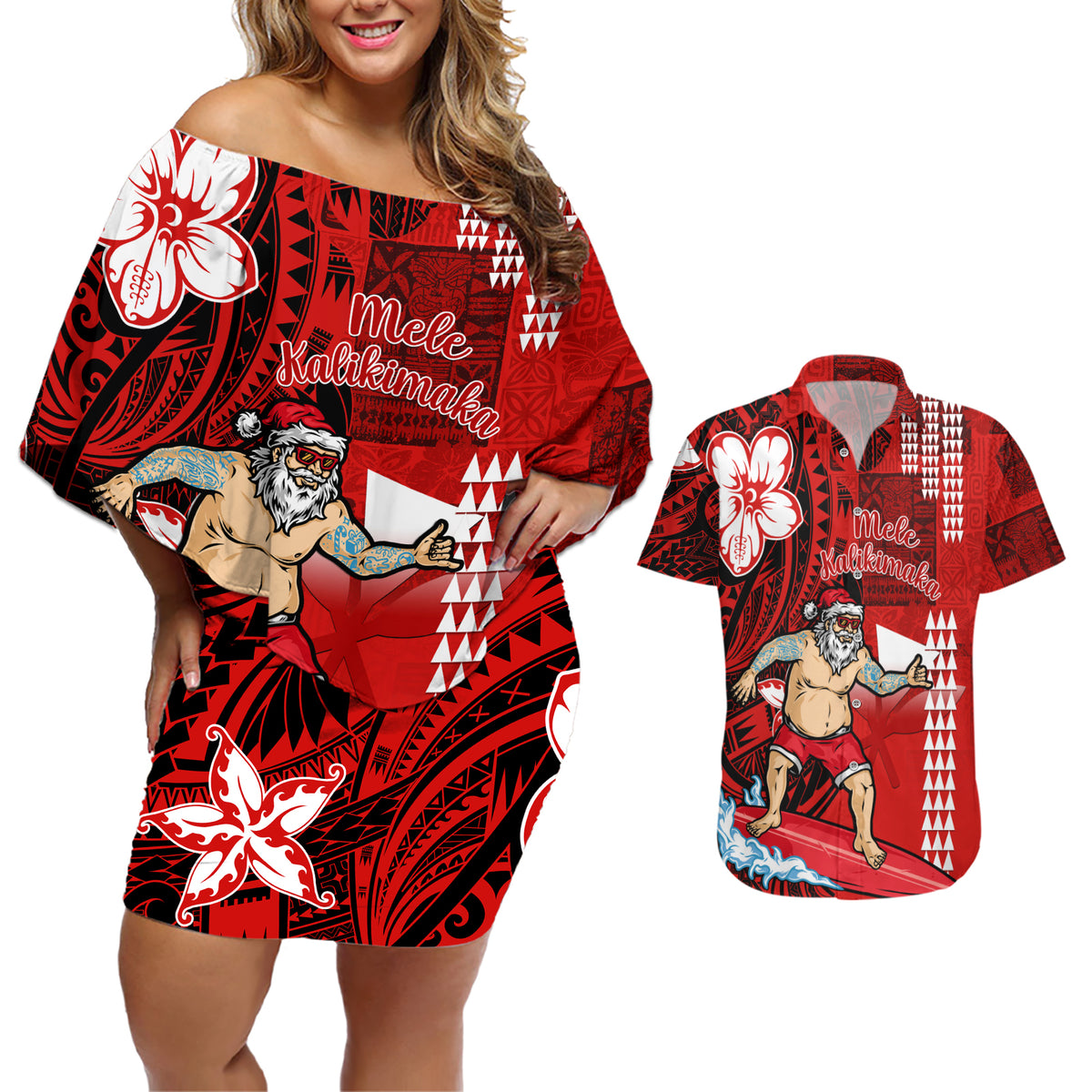 Personalised Hawaii Christmas Couples Matching Off Shoulder Short Dress and Hawaiian Shirt Mele Kalikimaka Surfing Santa Claus LT14 Red - Polynesian Pride