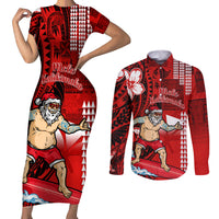 Personalised Hawaii Christmas Couples Matching Short Sleeve Bodycon Dress and Long Sleeve Button Shirts Mele Kalikimaka Surfing Santa Claus LT14 Red - Polynesian Pride