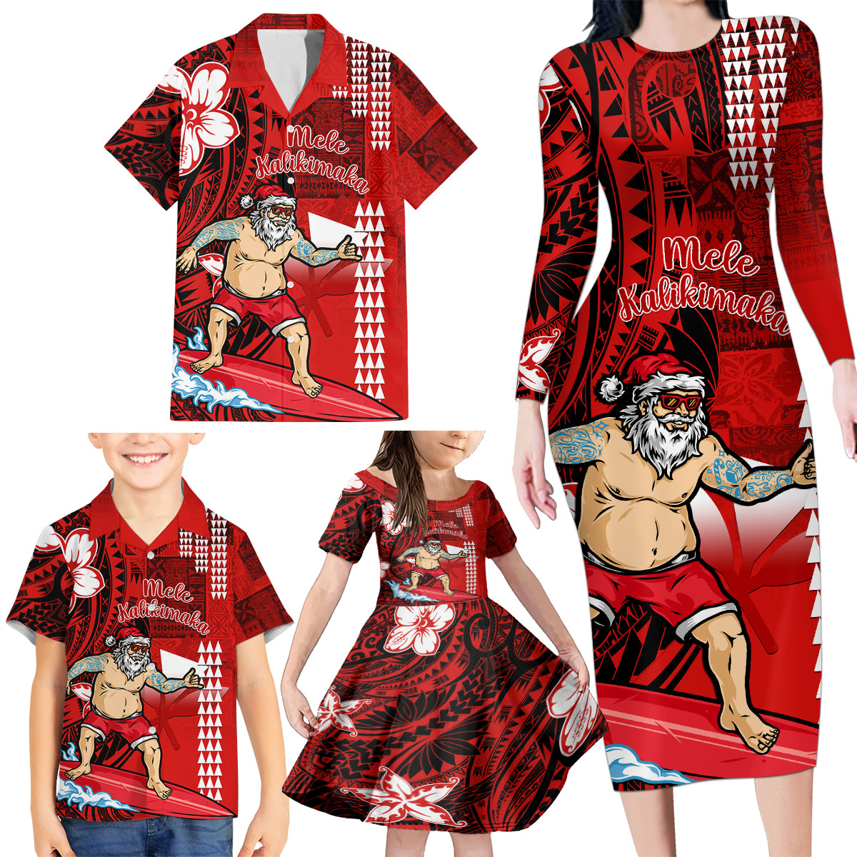 Personalised Hawaii Christmas Family Matching Long Sleeve Bodycon Dress and Hawaiian Shirt Mele Kalikimaka Surfing Santa Claus LT14 - Polynesian Pride