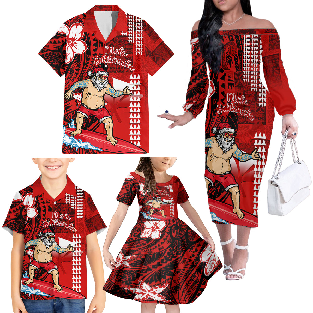 Personalised Hawaii Christmas Family Matching Off Shoulder Long Sleeve Dress and Hawaiian Shirt Mele Kalikimaka Surfing Santa Claus LT14 - Polynesian Pride