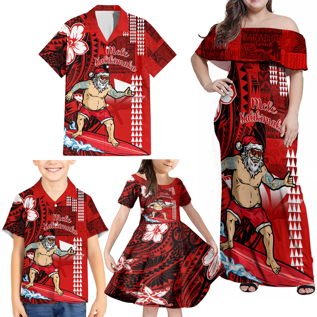 Personalised Hawaii Christmas Family Matching Off Shoulder Maxi Dress and Hawaiian Shirt Mele Kalikimaka Surfing Santa Claus LT14 - Polynesian Pride