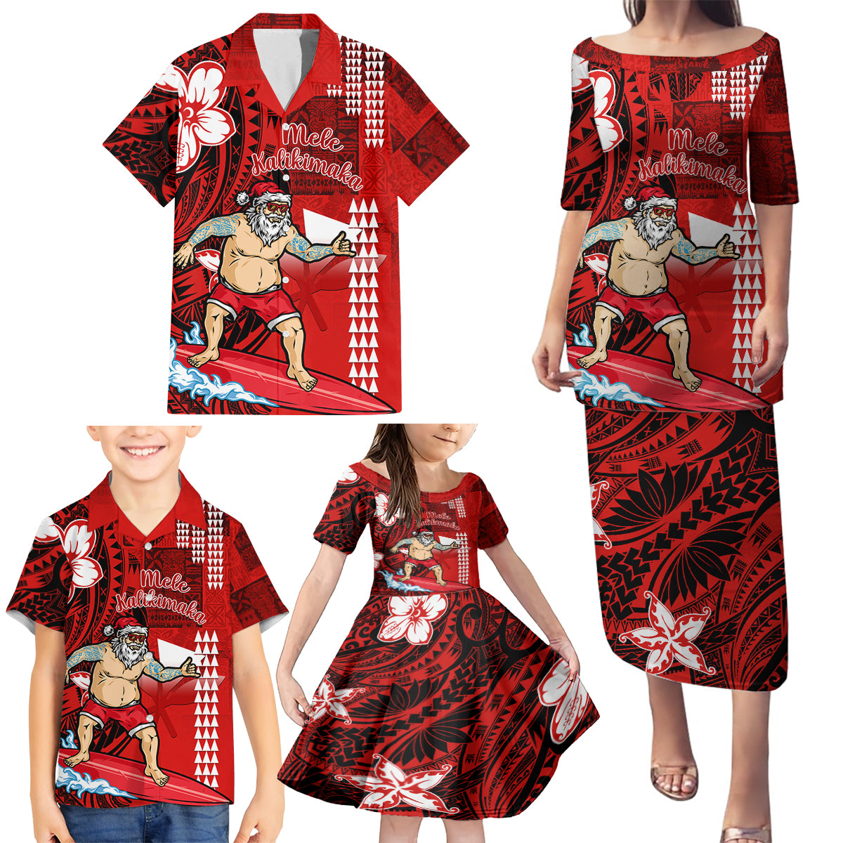 Personalised Hawaii Christmas Family Matching Puletasi Dress and Hawaiian Shirt Mele Kalikimaka Surfing Santa Claus LT14 - Polynesian Pride