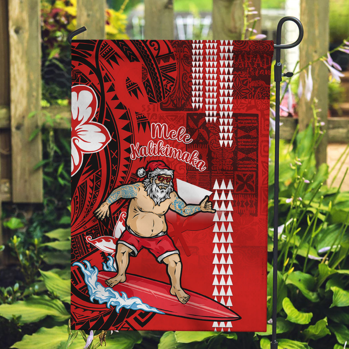 Personalised Hawaii Christmas Garden Flag Mele Kalikimaka Surfing Santa Claus LT14 Garden Flag Red - Polynesian Pride