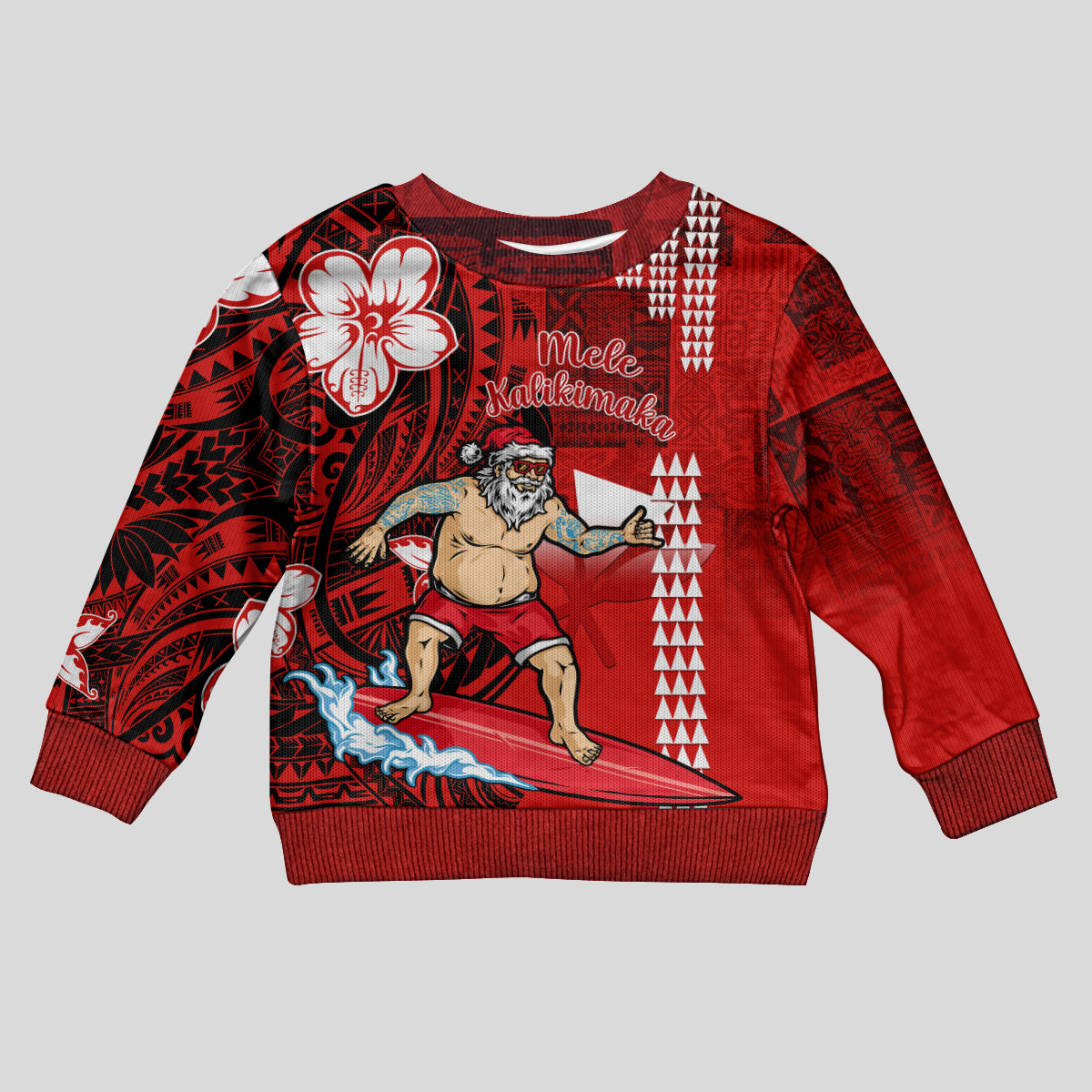 Personalised Hawaii Christmas Kid Ugly Christmas Sweater Mele Kalikimaka Surfing Santa Claus LT14 Kid Red - Polynesian Pride