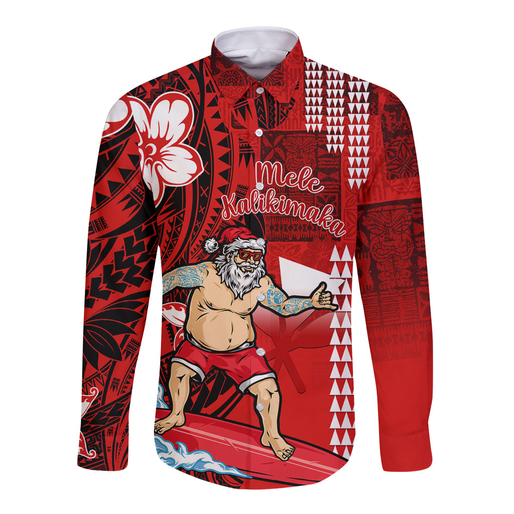 Personalised Hawaii Christmas Long Sleeve Button Shirt Mele Kalikimaka Surfing Santa Claus LT14 Unisex Red - Polynesian Pride