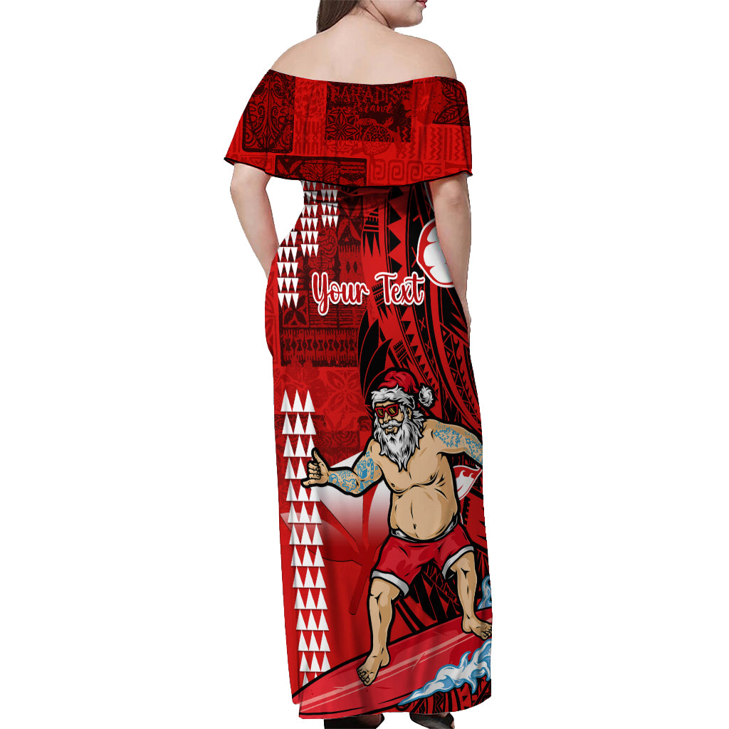Personalised Hawaii Christmas Off Shoulder Maxi Dress Mele Kalikimaka Surfing Santa Claus LT14 - Polynesian Pride