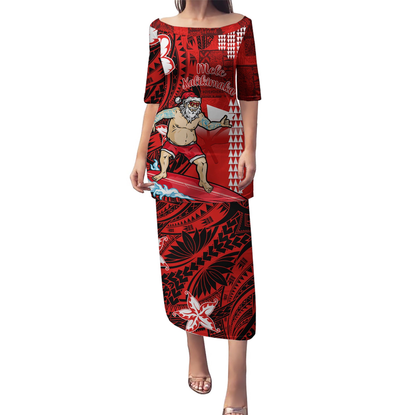 Personalised Hawaii Christmas Puletasi Mele Kalikimaka Surfing Santa Claus LT14 Long Dress Red - Polynesian Pride