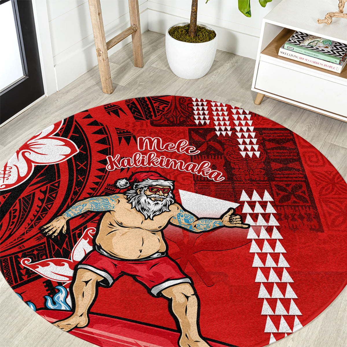 Personalised Hawaii Christmas Round Carpet Mele Kalikimaka Surfing Santa Claus LT14 Red - Polynesian Pride