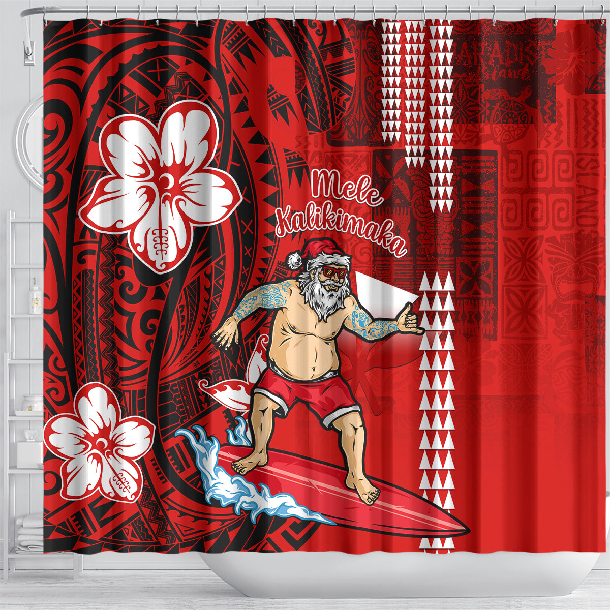 Personalised Hawaii Christmas Shower Curtain Mele Kalikimaka Surfing Santa Claus LT14 - Polynesian Pride