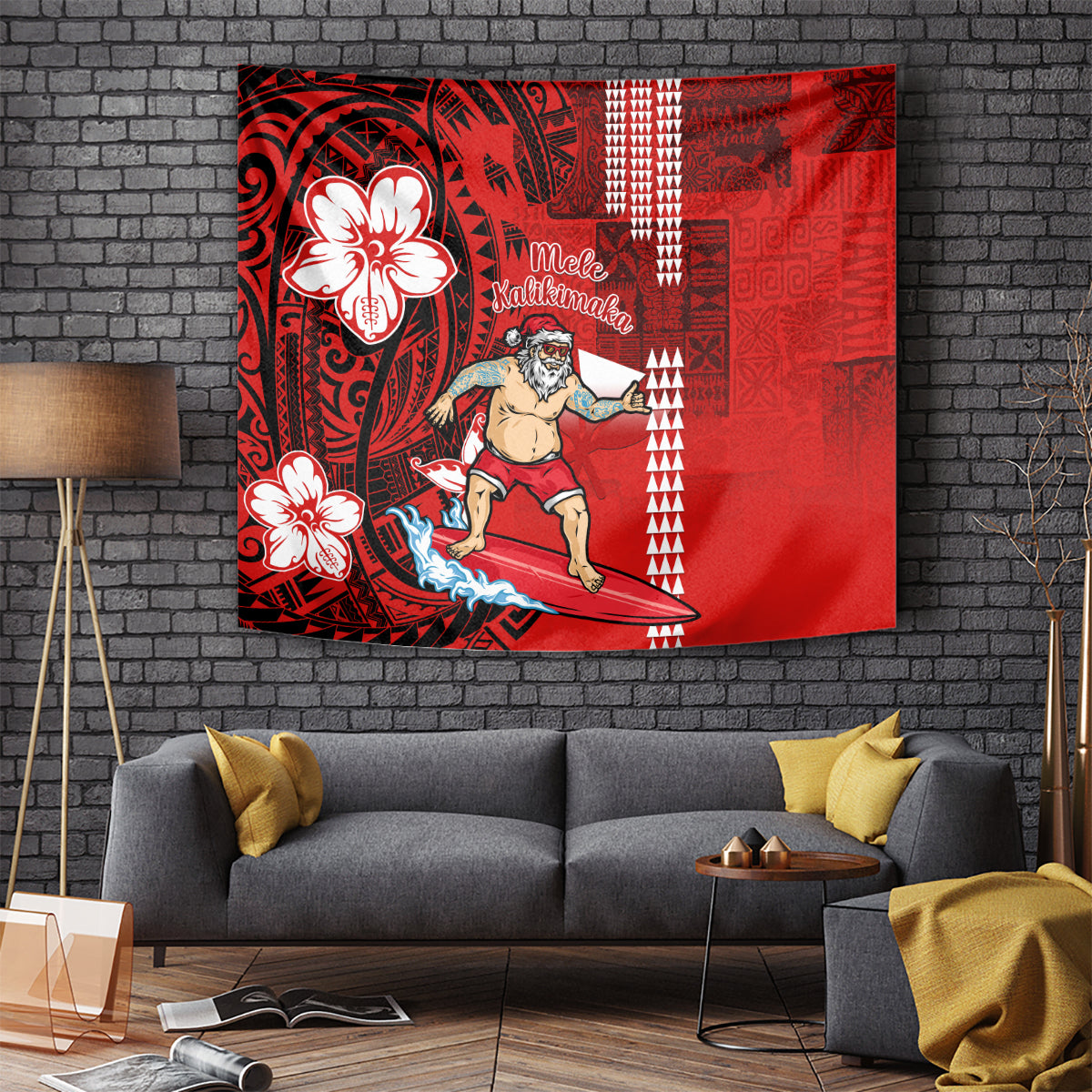 Personalised Hawaii Christmas Tapestry Mele Kalikimaka Surfing Santa Claus LT14 Red - Polynesian Pride