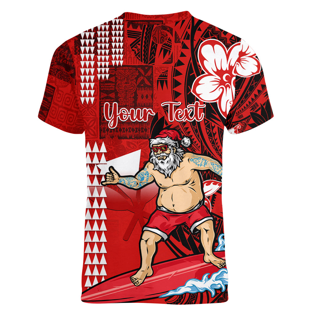 Personalised Hawaii Christmas Women V Neck T Shirt Mele Kalikimaka Surfing Santa Claus LT14 - Polynesian Pride