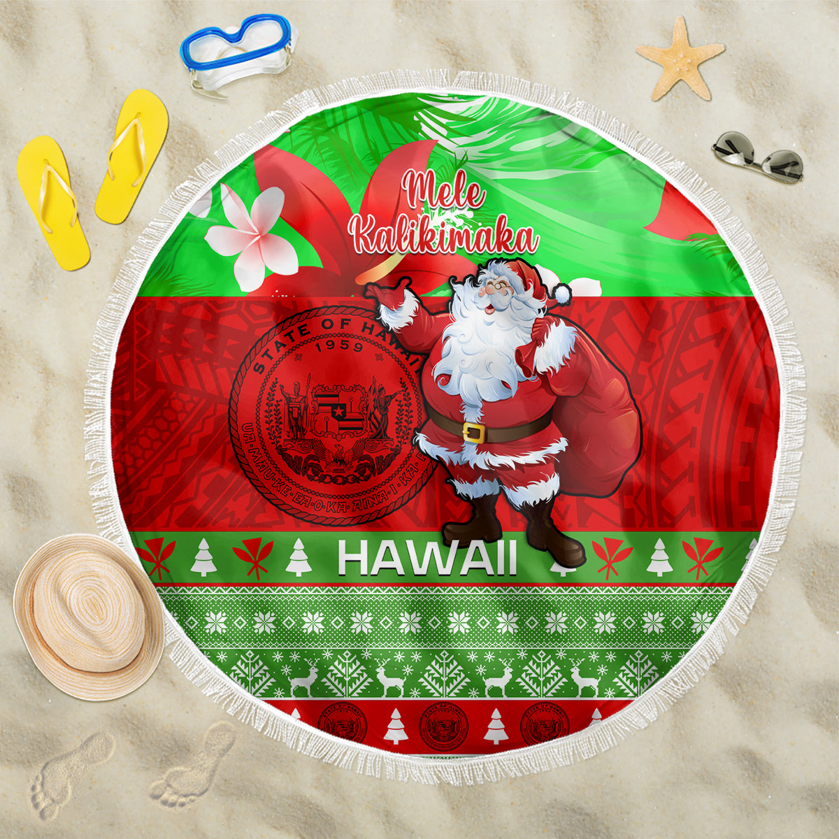 Personalised Hawaii Christmas Beach Blanket Mele Kalikimaka Hawaiian Santa Tropical Vibes LT14 One Size 150cm Red - Wonder Print Shop