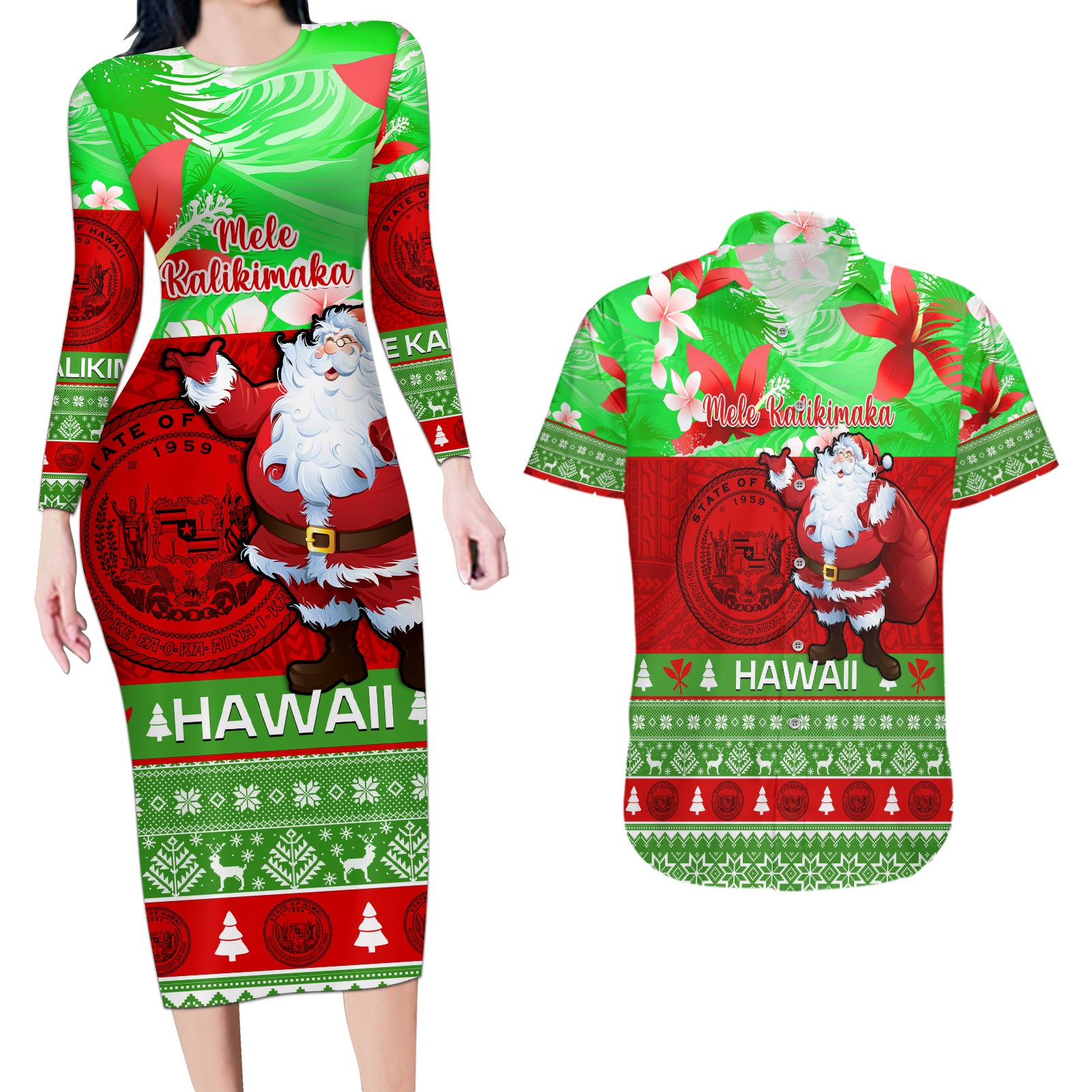 Personalised Hawaii Christmas Couples Matching Long Sleeve Bodycon Dress and Hawaiian Shirt Mele Kalikimaka Hawaiian Santa Tropical Vibes LT14 Red - Polynesian Pride