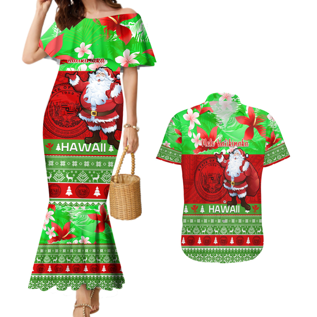 Personalised Hawaii Christmas Couples Matching Mermaid Dress and Hawaiian Shirt Mele Kalikimaka Hawaiian Santa Tropical Vibes LT14 Red - Polynesian Pride