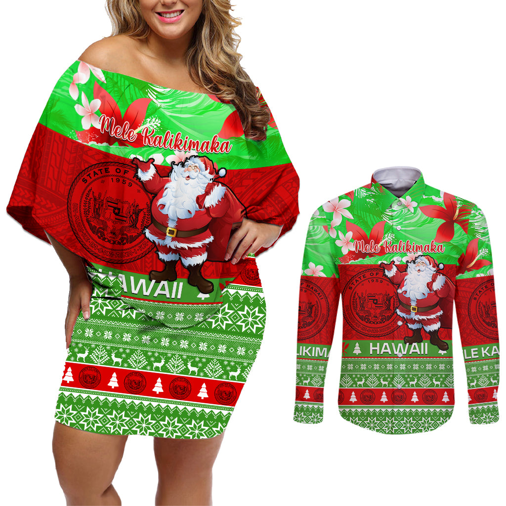 Personalised Hawaii Christmas Couples Matching Off Shoulder Short Dress and Long Sleeve Button Shirts Mele Kalikimaka Hawaiian Santa Tropical Vibes LT14 Red - Polynesian Pride