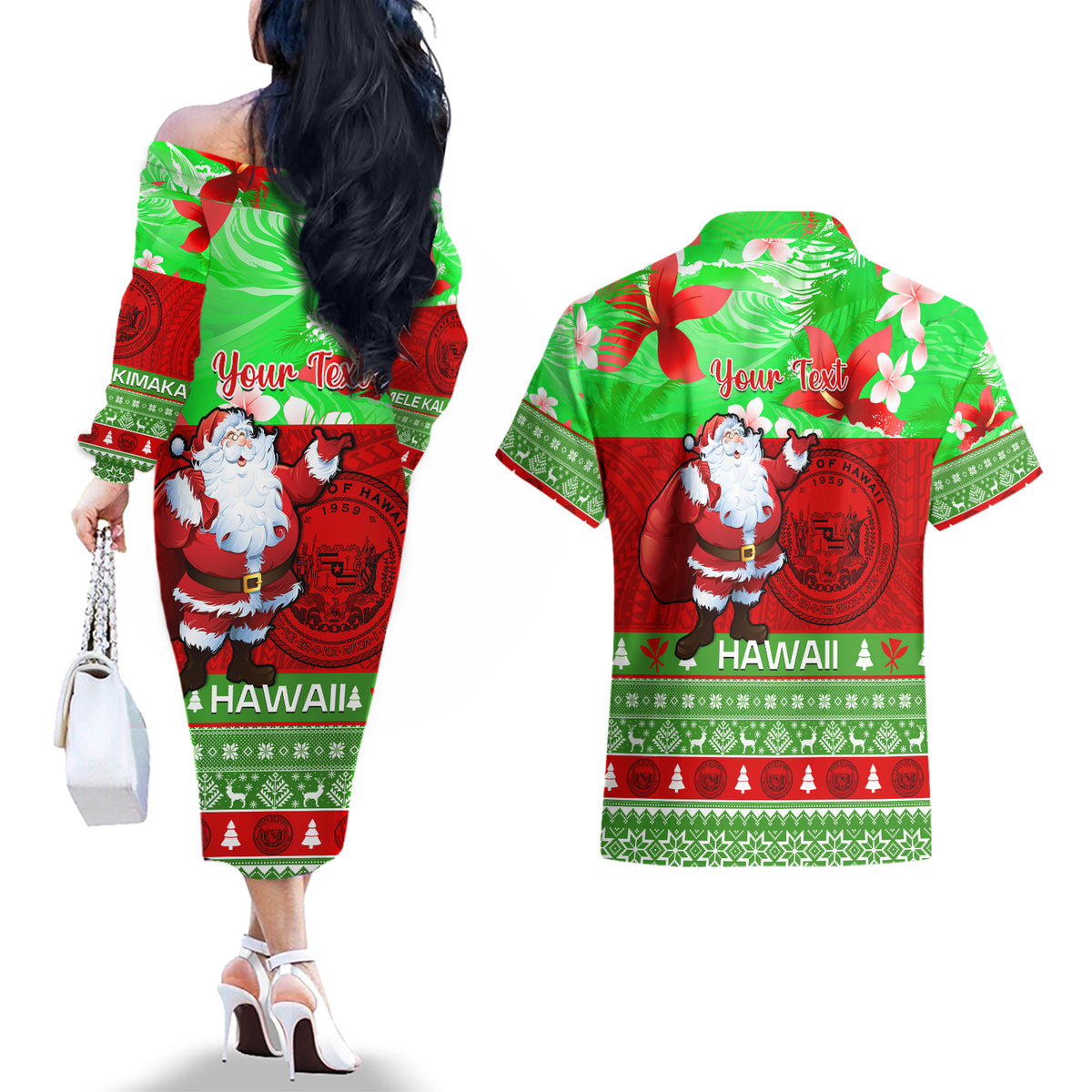 Personalised Hawaii Christmas Couples Matching Off The Shoulder Long Sleeve Dress and Hawaiian Shirt Mele Kalikimaka Hawaiian Santa Tropical Vibes LT14 - Polynesian Pride