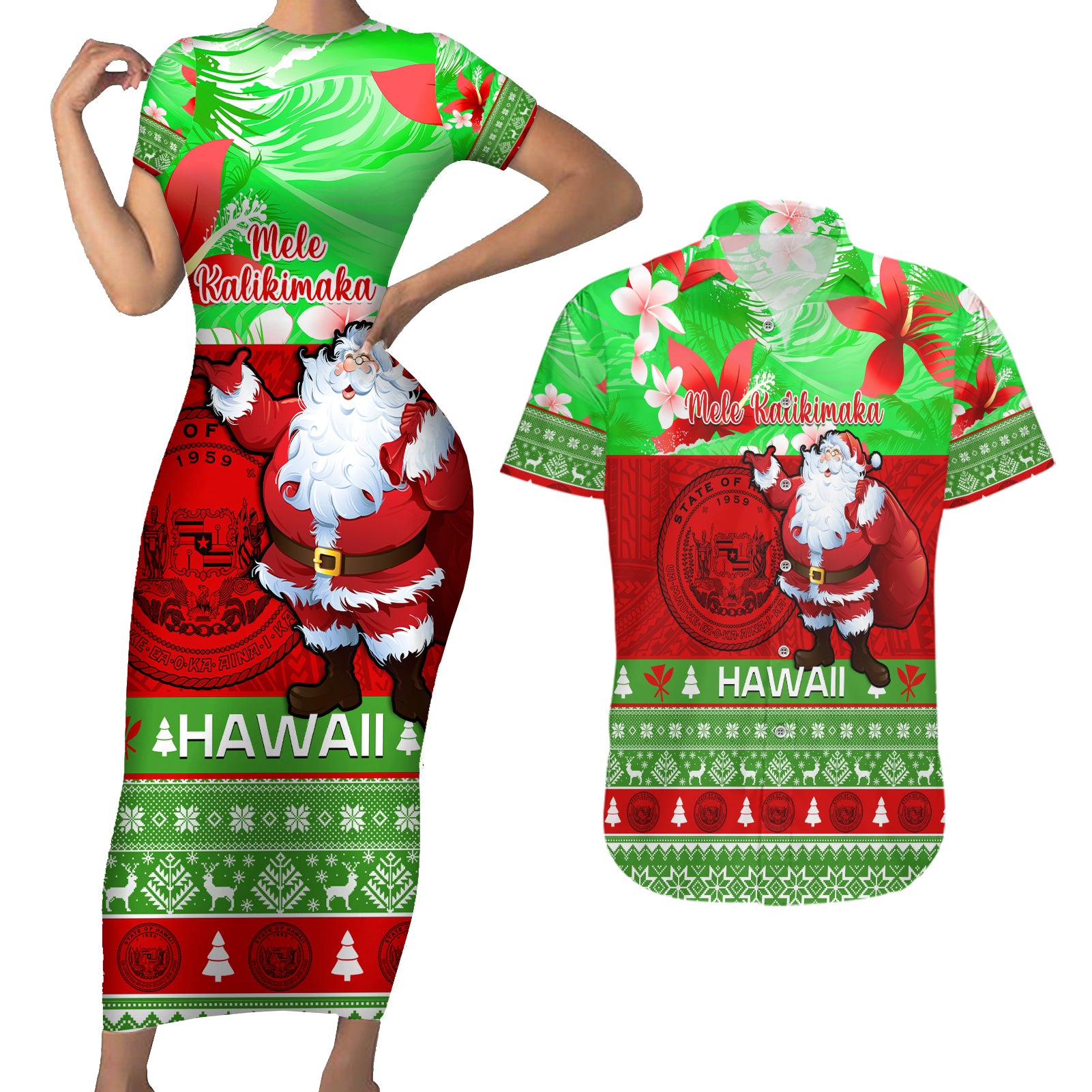 Personalised Hawaii Christmas Couples Matching Short Sleeve Bodycon Dress and Hawaiian Shirt Mele Kalikimaka Hawaiian Santa Tropical Vibes LT14 Red - Polynesian Pride