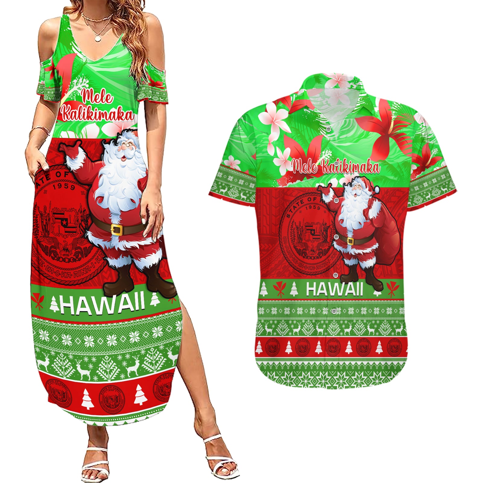 Personalised Hawaii Christmas Couples Matching Summer Maxi Dress and Hawaiian Shirt Mele Kalikimaka Hawaiian Santa Tropical Vibes LT14 Red - Polynesian Pride