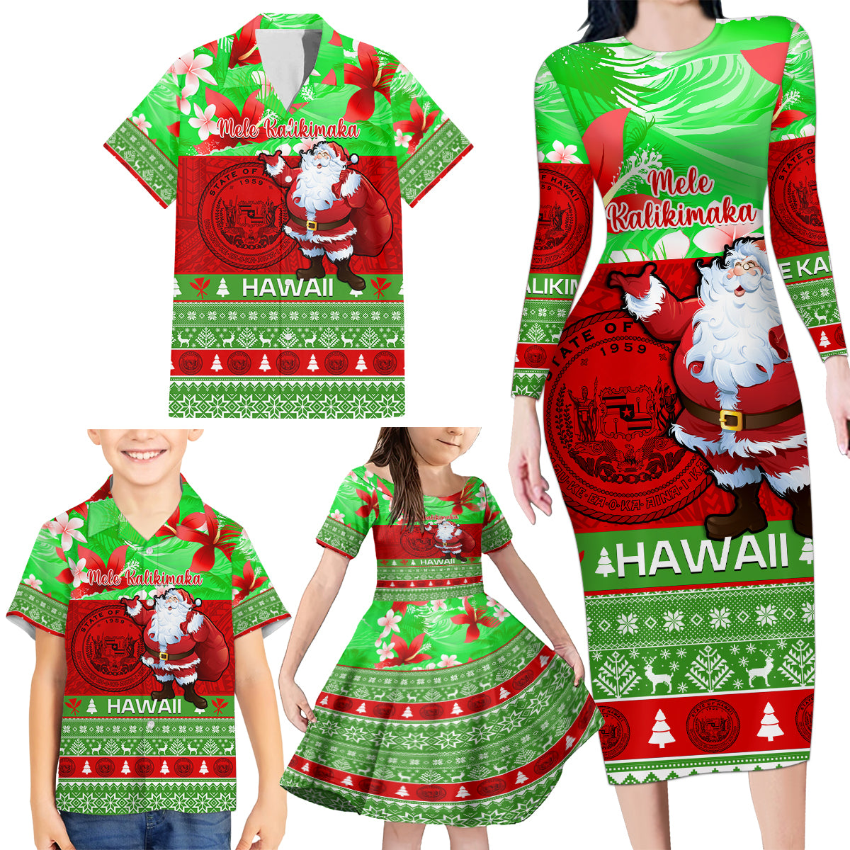 Personalised Hawaii Christmas Family Matching Long Sleeve Bodycon Dress and Hawaiian Shirt Mele Kalikimaka Hawaiian Santa Tropical Vibes LT14 - Polynesian Pride