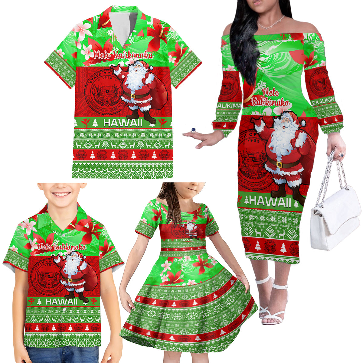 Personalised Hawaii Christmas Family Matching Off Shoulder Long Sleeve Dress and Hawaiian Shirt Mele Kalikimaka Hawaiian Santa Tropical Vibes LT14 - Polynesian Pride