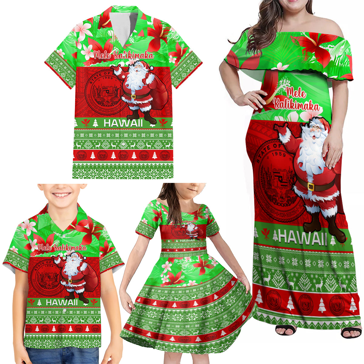 Personalised Hawaii Christmas Family Matching Off Shoulder Maxi Dress and Hawaiian Shirt Mele Kalikimaka Hawaiian Santa Tropical Vibes LT14 - Polynesian Pride