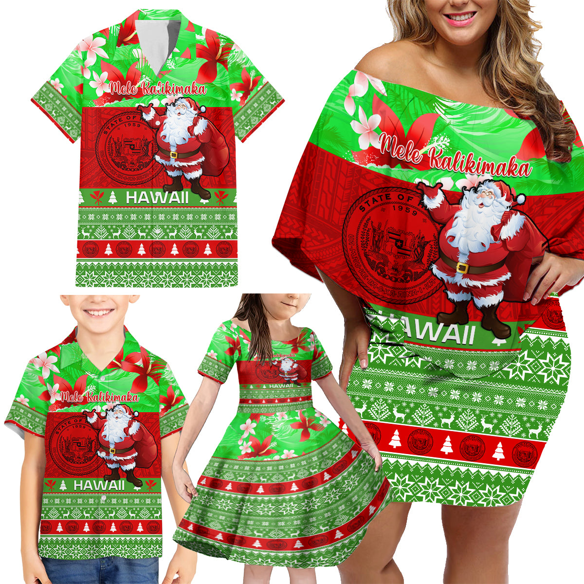 Personalised Hawaii Christmas Family Matching Off Shoulder Short Dress and Hawaiian Shirt Mele Kalikimaka Hawaiian Santa Tropical Vibes LT14 - Polynesian Pride