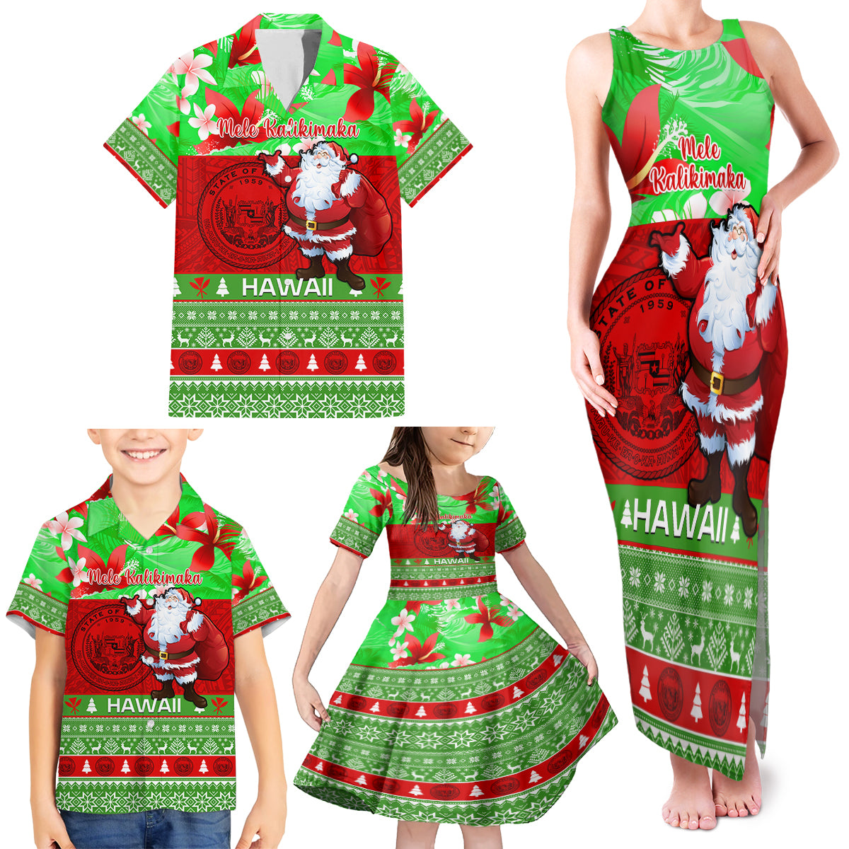 Personalised Hawaii Christmas Family Matching Tank Maxi Dress and Hawaiian Shirt Mele Kalikimaka Hawaiian Santa Tropical Vibes LT14 - Polynesian Pride