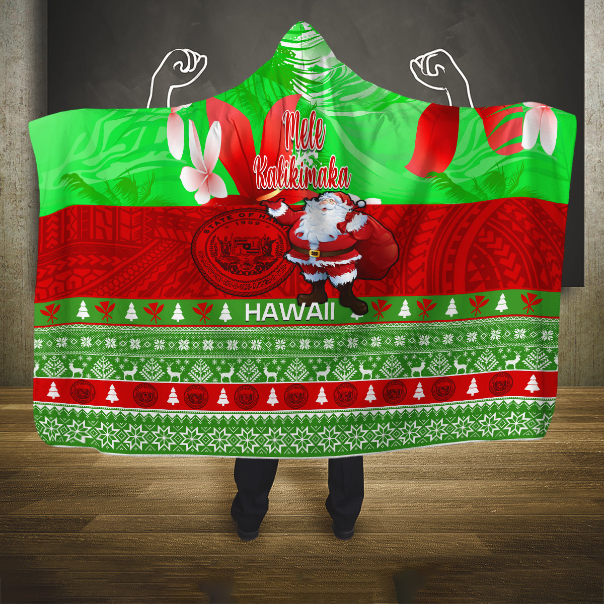 Personalised Hawaii Christmas Hooded Blanket Mele Kalikimaka Hawaiian Santa Tropical Vibes LT14 One Size Red - Polynesian Pride